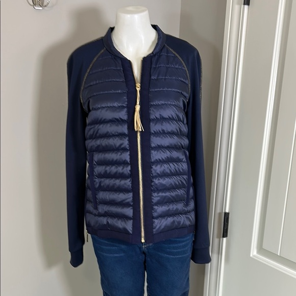 Lilly Pulitzer Darci Puffer Coat True Navy Blue Full Zip Pockets Gold Detail M - Picture 2 of 11